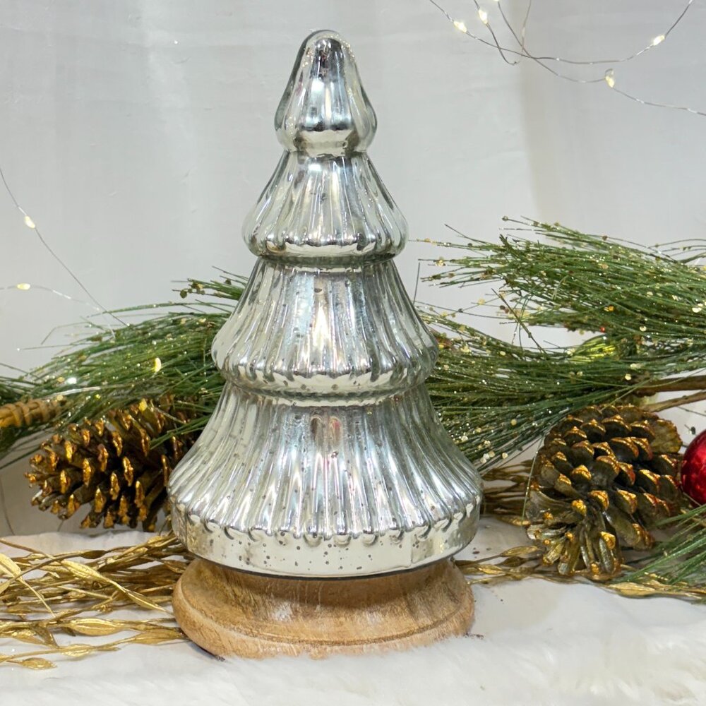 Rachel Zoe Christmas Holiday Silver Mercury Glass Tree with Wood Base Woodland
